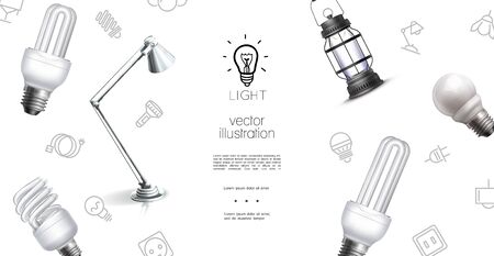Realistic lighting objects template with lantern lamp bulbs and light equipment icons vector illustrationのイラスト素材
