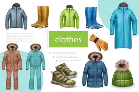 Winter and autumn male clothes composition with jacket sneakers rubber boots hat coat glove in realistic style vector illustrationのイラスト素材