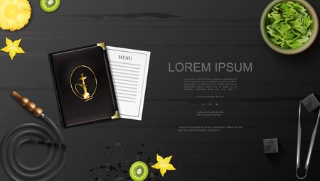 Realistic hookah lounge elements background with menu cover and card shisha pipe tobacco in bowl tongs coal cubes fruits slices vector illustrationのイラスト素材