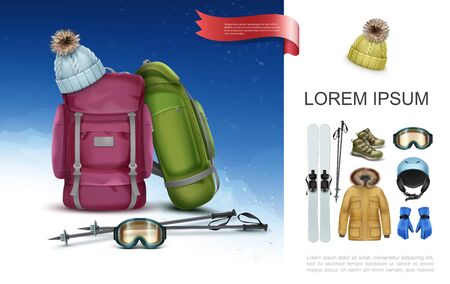 Realistic ski clothes and equipment concept with backpacks skis poles knitted hat sneakers goggles helmet gloves jacket vector illustrationのイラスト素材