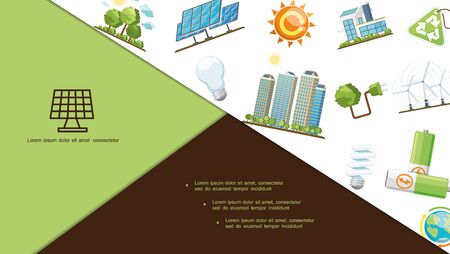 Flat energy save composition with solar panels eco house modern buildings batteries Earth planet lightbulbs wind turbines recycling sign plug sun trees vector illustrationのイラスト素材