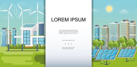 Flat eco city colorful template with modern buildings ecology houses wind turbines solar panels green trees vector illustrationのイラスト素材