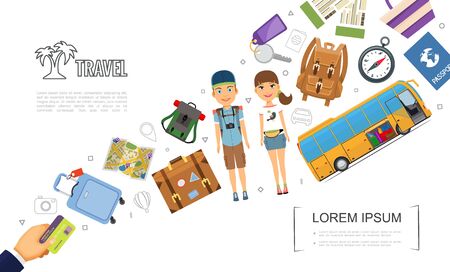 Flat travel elements template with tourists bus map bags backpack luggage passport compass map key tickets hand holding payment card vector illustrationのイラスト素材