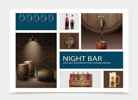 Realistic night bar elements composition with wineglasses bottles in box mug of frosty drink wooden barrels of wine and beer vector illustrationのイラスト素材