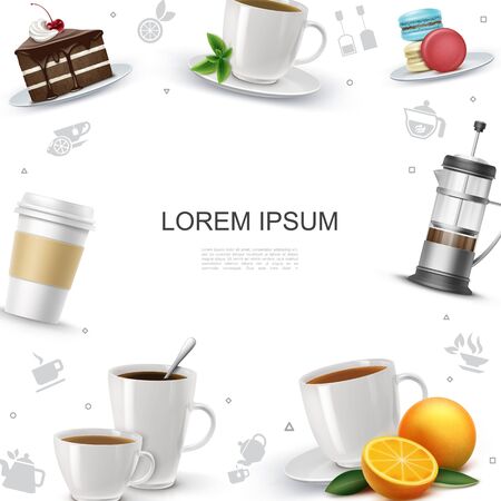 Realistic tea time template with cake piece macaroons french press orange mint leaf tea and coffee cups vector illustrationのイラスト素材
