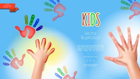 Realistic mother and babies hands template with colorful child hand prints on light blue background vector illustrationのイラスト素材