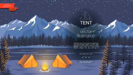 Flat night camping background with bonfire near tourist tents on river forest and mountains landscape vector illustrationのイラスト素材