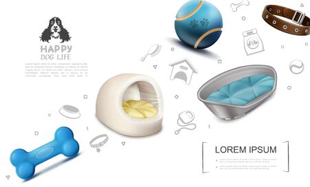 Realistic dog life elements template with blue bone ball collar plastic and soft houses with pillows and pet linear icons vector illustrationのイラスト素材