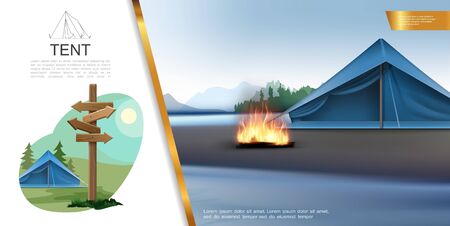 Realistic camping colorful concept with tents campfire wooden signboard nature landscapes vector illustrationのイラスト素材