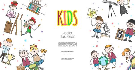 Sketch kids hobbies concept with cute girls and boys engaged in dancing sport astronomy painting geography chemistry biology accounting vector illustrationのイラスト素材