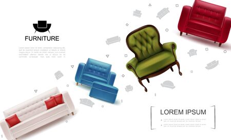 Realistic home furniture objects template with armchairs soft tabourets leather sofa with pillows vector illustrationのイラスト素材