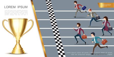 Leadership and success colorful concept with business people running marathon and realistic shiny gold cup vector illustrationのイラスト素材