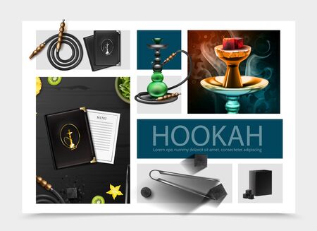 Realistic hookah bar composition with menu cover and card shisha hose tobacco tongs coal cubes fruits slices vector illustrationのイラスト素材