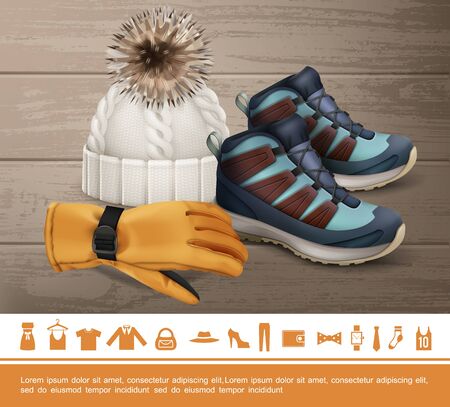 Realistic winter clothes concept with glove knitted hat sneakers shoe watches tie sock shirt bag jacket dress trousers wallet bow icons vector illustrationのイラスト素材