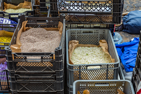 la Orotava, Tenerife, Spain - June 27, 2019. Beautiful flower carpets in La Orotava during Corpus Christi. Colorful Flower petals, twigs, needles, seeds.. Warm summer evening and joyful visitors.のeditorial素材