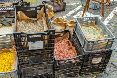 la Orotava, Tenerife, Spain - June 27, 2019. Beautiful flower carpets in La Orotava during Corpus Christi. Colorful Flower petals, twigs, needles, seeds.. Warm summer evening and joyful visitors.のeditorial素材