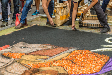 la Orotava, Tenerife, Spain - June 27, 2019. Beautiful flower carpets in La Orotava during Corpus Christi. Famous religious event and competition of folk art.. Warm summer evening and joyful visitors.のeditorial素材