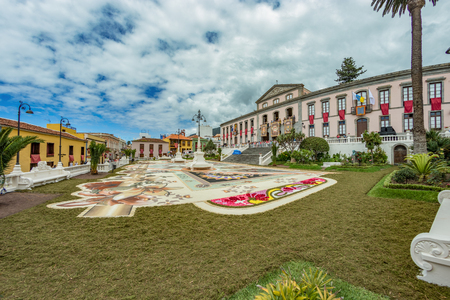 la Orotava, Tenerife, Spain - June 27, 2019. Beautiful giant natural color sand carpet in La Orotava during Corpus Christi. Famous religious event.. Warm summer evening and joyful visitors.のeditorial素材