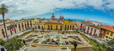 la Orotava, Tenerife, Spain - June 27, 2019. Beautiful giant natural color sand carpet in La Orotava during Corpus Christi. Famous religious event.. Warm summer evening and joyful visitors.のeditorial素材