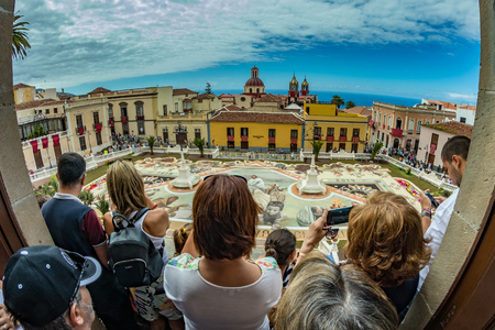 la Orotava, Tenerife, Spain - June 27, 2019. Beautiful giant natural color sand carpet in La Orotava during Corpus Christi. Famous religious event.. Warm summer evening and joyful visitors.のeditorial素材