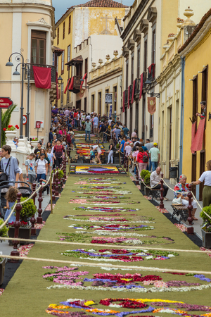 la Orotava, Tenerife, Spain - June 27, 2019. Beautiful flower carpets in La Orotava during Corpus Christi. Famous religious event and competition of folk art.. Warm summer evening and joyful visitors.のeditorial素材