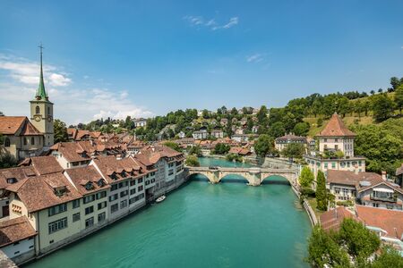 Bern, Switzerland - July 26, 2019: Panoramic view from one of the bridges. . Aare river at sunny...