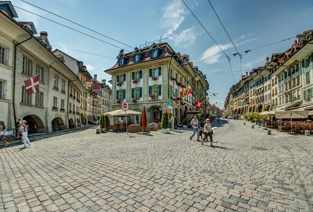 Bern, Switzerland - July 26, 2019: Panoramic view of the squares, streets and buildings of...