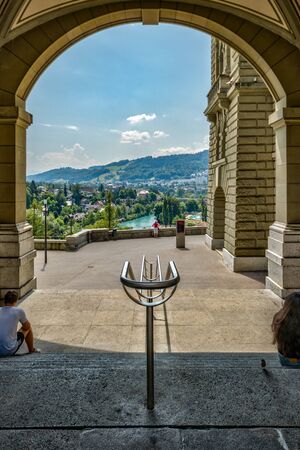 Bern, Switzerland - July 26, 2019: Panoramic view of the squares, streets and buildings of...