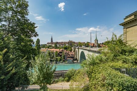 Bern, Switzerland - July 26, 2019: Panoramic view of the squares, streets and buildings of...