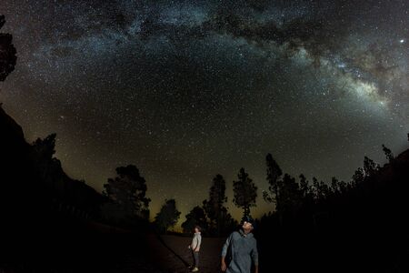 Young man observes starry sky. Mountains, surrouded by pine tree forest in the background night...