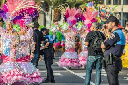 SANTA CRUZ DE TENERIFE, SPAIN - FEBRUARY 25, 2020: Coso parade - along the Avenida de Anaga, official end of Carnival. Again march carnival groups, floats, decorated cars and the Carnival Queens.のeditorial素材