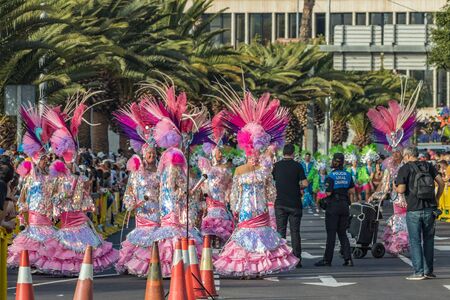 SANTA CRUZ DE TENERIFE, SPAIN - FEBRUARY 25, 2020: Coso parade - along the Avenida de Anaga, official end of Carnival. Again march carnival groups, floats, decorated cars and the Carnival Queens.のeditorial素材