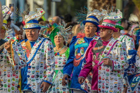 SANTA CRUZ DE TENERIFE, SPAIN - FEBRUARY 25, 2020: Coso parade - along the Avenida de Anaga, official end of Carnival. Again march carnival groups, floats, decorated cars and the Carnival Queens.のeditorial素材