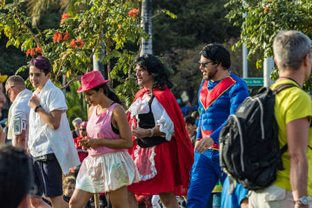SANTA CRUZ DE TENERIFE, SPAIN - FEBRUARY 25, 2020: Around the Coso parade - along the Avenida de Anaga, official end of Carnival. Amazing warm evening, joyful people in carnival costumes have fun.のeditorial素材