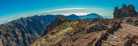 Fish eye Panorama of the National Park Caldera de Taburiente, volcanic crater seen from mountain peak of Roque de los Muchachos Viewpoint. Tenerife and El Hierro above the clouds. La Palma, Spainの写真素材