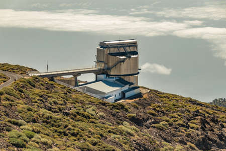 La Palma, Spain - 19 August 2018: Roque de los Muchachos Observatory located in the Canary Islands. Observatory at Caldera De Taburiente. Science and technology travel card.のeditorial素材