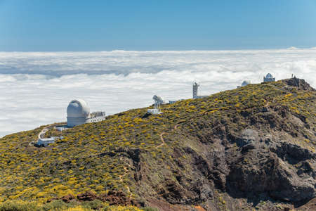 Roque de los Muchachos Observatory is an astronomical observatory located in the island of La Palma in the Canary Islands. Observatory at Caldera De Taburiente. Science and technology travel card.のeditorial素材