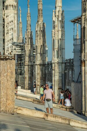 Milan, Italy - Aug 1, 2019: Aerial View from the roof of Milan Cathedral - Duomo di Milano, Lombardy, Italy.の写真素材