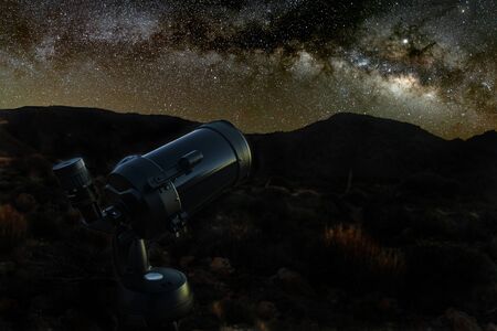 Starry sky above a telescope. Mountains, surrouded by pine tree forest in the background night...