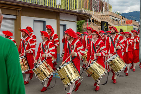 Vevey, Switzerland - July 27 2019: Tourists and local People celebrate Fete des Vignerons 2019. Traditional festival of viticultural traditions. Organized 20 years after the preceding one 1999.のeditorial素材