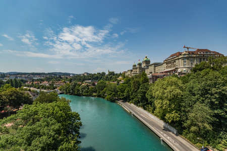 Bern, Switzerland - July 26, 2019: Panoramic view from one of the bridges. . Aare river at sunny...