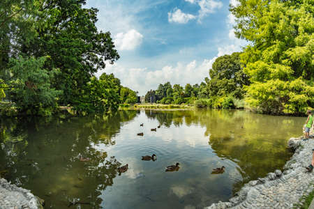MILAN, ITALY - Aug 1, 2019: People visiting the Sforza Castle XV century - Castello Sforzesco. It is one of the main symbols of the city of Milan, Lombardy, Italy.のeditorial素材