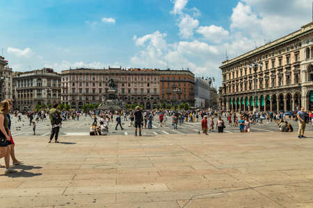 MILAN, ITALY - AUGUST 1, 2019 : Piazza del Duomo - Cathedral Square, view from main entrance to...