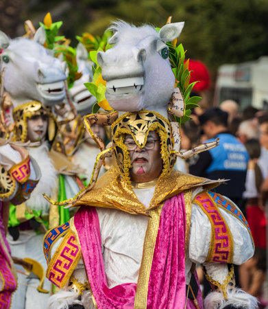 SANTA CRUZ DE TENERIFE, SPAIN - FEBRUARY 13, 2024: The Coso parade, Cavalcada - along the Avenida de Anaga, official end of Carnival. Amazing warm evening, joyful people in carnival costumes have fun.のeditorial素材