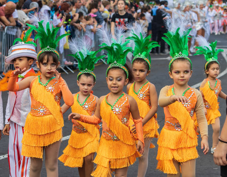 SANTA CRUZ DE TENERIFE, SPAIN - FEBRUARY 13, 2024: The Coso parade, Cavalcada - along the Avenida de Anaga, official end of Carnival. Amazing warm evening, joyful people in carnival costumes have fun.のeditorial素材
