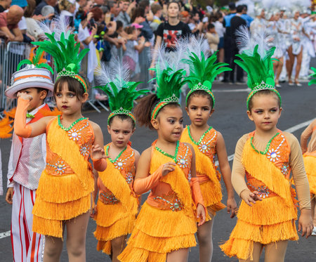 SANTA CRUZ DE TENERIFE, SPAIN - FEBRUARY 13, 2024: The Coso parade, Cavalcada - along the Avenida de Anaga, official end of Carnival. Amazing warm evening, joyful people in carnival costumes have fun.のeditorial素材