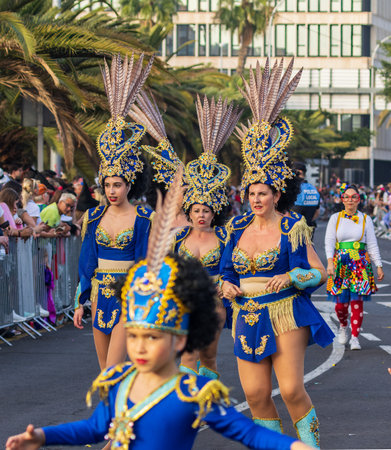 SANTA CRUZ DE TENERIFE, SPAIN - FEBRUARY 13, 2024: The Coso parade, Cavalcada - along the Avenida de Anaga, official end of Carnival. Amazing warm evening, joyful people in carnival costumes have fun.のeditorial素材