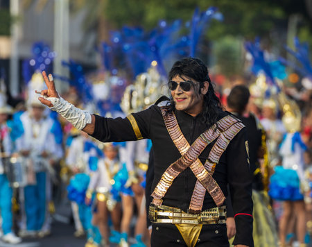 SANTA CRUZ DE TENERIFE, SPAIN - FEBRUARY 13, 2024: The Coso parade, Cavalcada - along the Avenida de Anaga, official end of Carnival. Amazing warm evening, joyful people in carnival costumes have fun.のeditorial素材