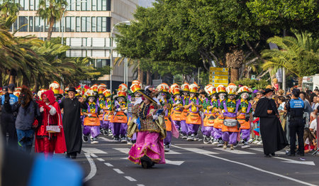 SANTA CRUZ DE TENERIFE, SPAIN - FEBRUARY 13, 2024: The Coso parade, Cavalcada - along the Avenida de Anaga, official end of Carnival. Amazing warm evening, joyful people in carnival costumes have fun.のeditorial素材
