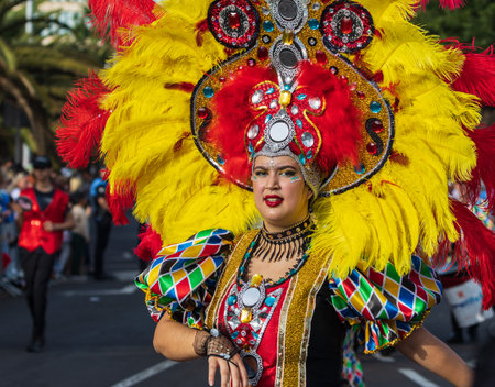 SANTA CRUZ DE TENERIFE, SPAIN - FEBRUARY 13, 2024: The Coso parade, Cavalcada - along the Avenida de Anaga, official end of Carnival. Amazing warm evening, joyful people in carnival costumes have fun.のeditorial素材